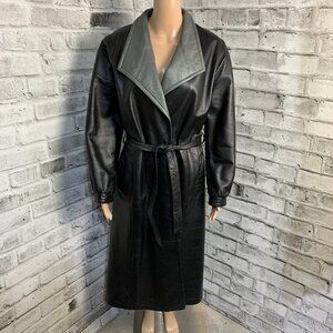 Vintage 70s Leather Maxi Trench Coat S/M Black Belted Retro Long Overcoat